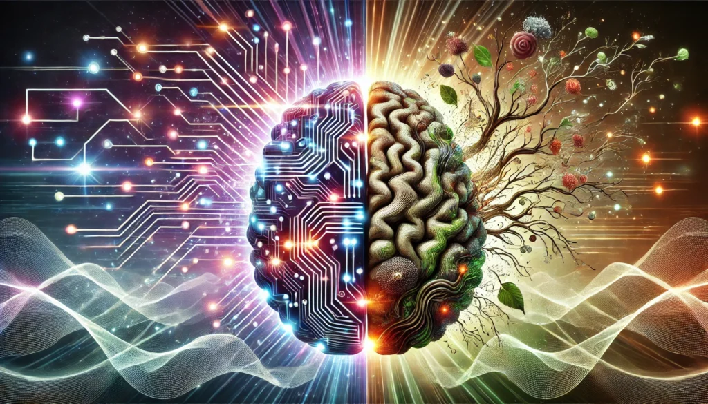 A vibrant visualization of mental clarity and focus: a glowing brain at the center with two distinct energy flows—one side illuminated with a futuristic blue light for synthetic nootropic effects, while the other side is bathed in a natural green glow, symbolizing plant-based cognitive enhancement. The backdrop contains swirling energy waves, emphasizing heightened alertness and wakefulness.