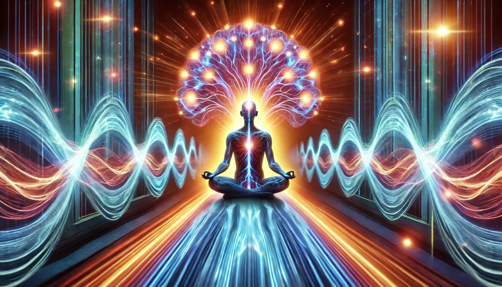 A high-energy visualization of a person meditating within a glowing neural aura, surrounded by abstract waves of light symbolizing deep concentration, cognitive power, and heightened mental awareness.