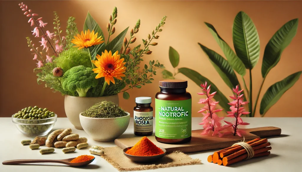 A vibrant still life of natural nootropics, including green tea, Rhodiola rosea, and turmeric, set against a clean background with warm earthy tones to evoke wellness and mental clarity.