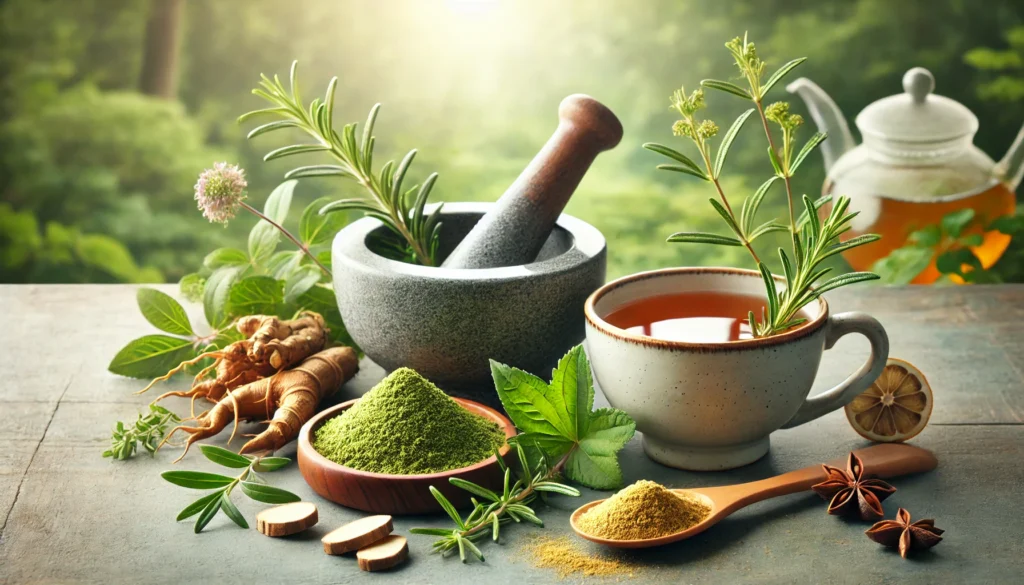 A serene nature-inspired setup featuring a mortar and pestle grinding rosemary and ginseng roots, a wooden spoon with powdered ashwagandha, and a cup of herbal tea, evoking holistic memory support.