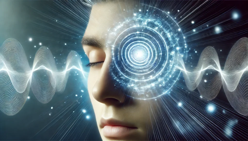 A futuristic depiction of a person experiencing heightened focus and wakefulness, with glowing eyes and energy waves surrounding their head, illustrating improved brain function.