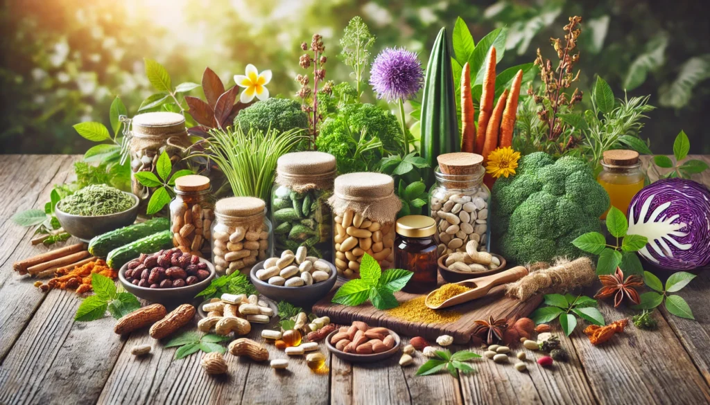 A rustic wellness-inspired composition featuring dopamine-boosting herbs, dried powders in glass jars, turmeric, ginseng, and omega-rich nuts on a wooden surface with soft natural lighting.