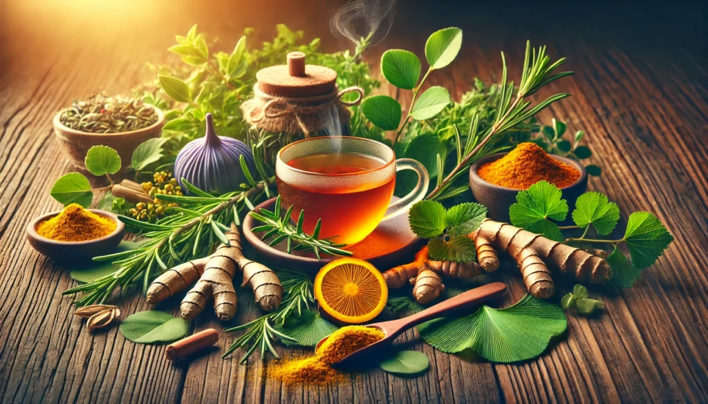 A visually rich display of natural nootropic ingredients such as rosemary, ginkgo biloba leaves, and turmeric roots, arranged on a wooden table with a steaming herbal tea, symbolizing organic memory enhancement.