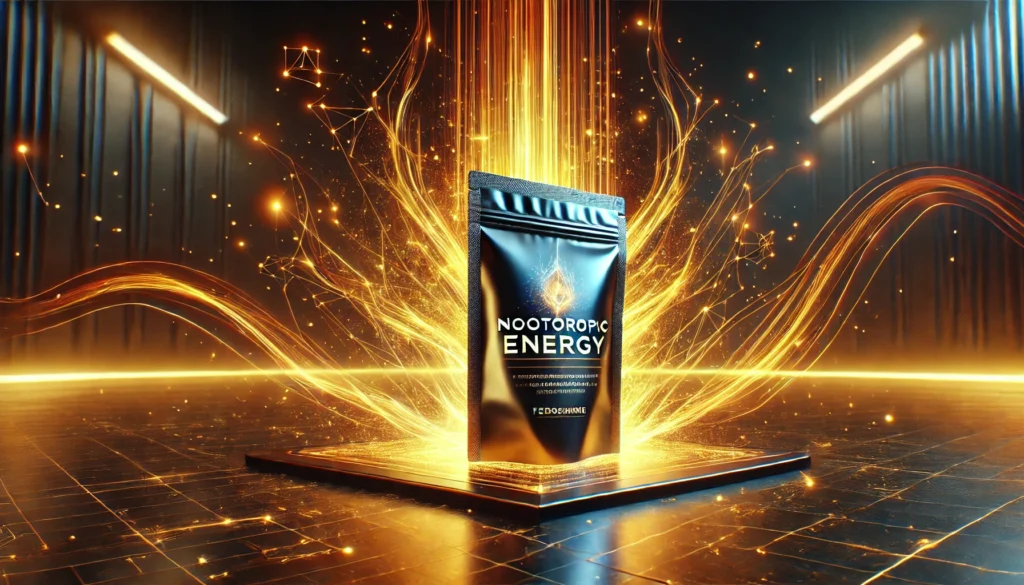 Cutting-edge nootropic energy pouch placed on a futuristic surface with radiant blue and silver energy waves. Holographic brain structures and digital particles convey cognitive performance, stamina, and mental clarity."