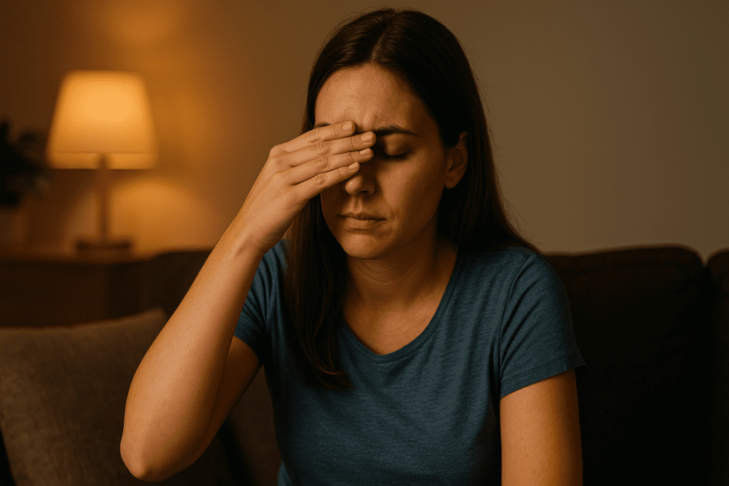 A young woman with long brown hair and a tired expression sits in a warmly lit living room, pressing her hand to her forehead while seated on a dark sofa. The ambient lighting, soft shadows, and homey setting reinforce the emotional and physical toll of chronic fatigue, relevant to science-backed lifestyle tips for low energy.