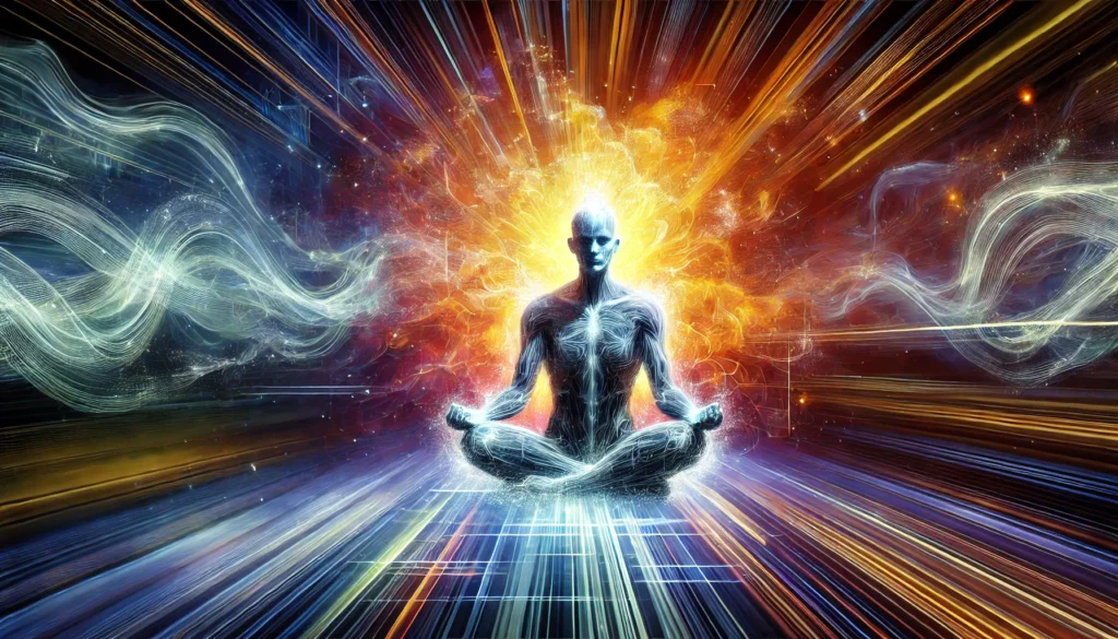 A dynamic image of a person in a meditative yet highly focused state, surrounded by a vibrant aura of energy, representing mental clarity, balance, and cognitive performance.