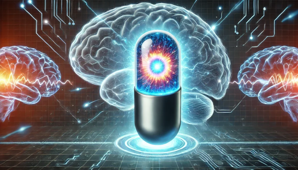 A high-tech supplement capsule with a glowing core emitting energy waves, set against a neural network background with electric impulses, representing brain stimulation and enhanced cognitive focus.