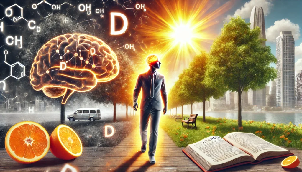 A person walking through a park with a dazed and unfocused expression, struggling with brain fog due to vitamin deficiency. Their vision appears blurred, while the background remains clear and vibrant, symbolizing cognitive impairment. A bright sun in the distance suggests the importance of vitamin D for brain health. The scene highlights the contrast between mental sluggishness and a sharp, energized environment.