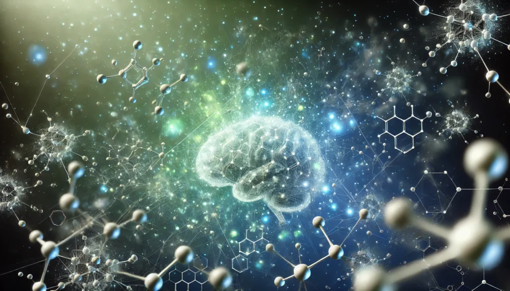 An artistic visualization of molecular structures floating in space, representing the chemical compounds found in memory supplements and their scientific formulation.