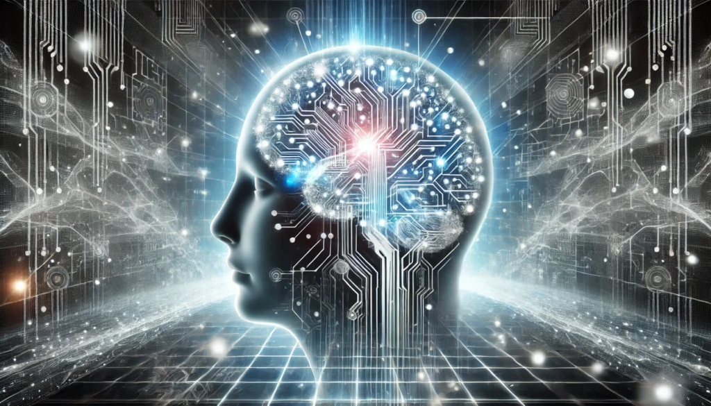 Surreal depiction of a human brain connected to an advanced digital interface, symbolizing artificial cognitive enhancement and neurological optimization in a high-tech setting.
