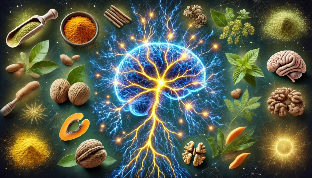 A visually striking image of neural pathways illuminated with electric blue and golden light, surrounded by turmeric root, walnuts, and adaptogenic herbs, enhancing brain energy and wakefulness.