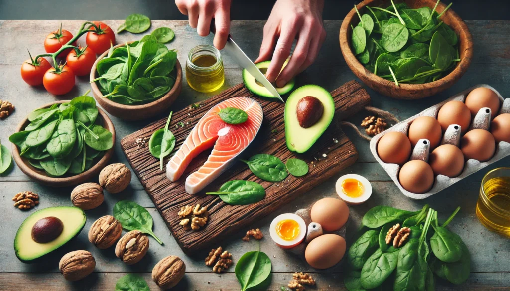 A visually appealing composition of fresh brain-boosting ingredients being prepared for a meal, featuring a cutting board with salmon, avocados, spinach, walnuts, and eggs, with a chef’s hands slicing ingredients to highlight fresh and nutritious meal preparation.