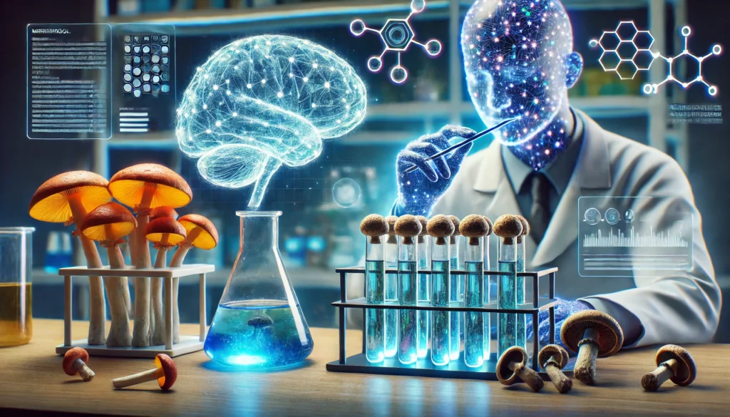 A high-tech laboratory where a researcher analyzes mushroom extracts under a holographic brain model, with test tubes containing vibrant mushroom-infused solutions and digital neural networks in the background.