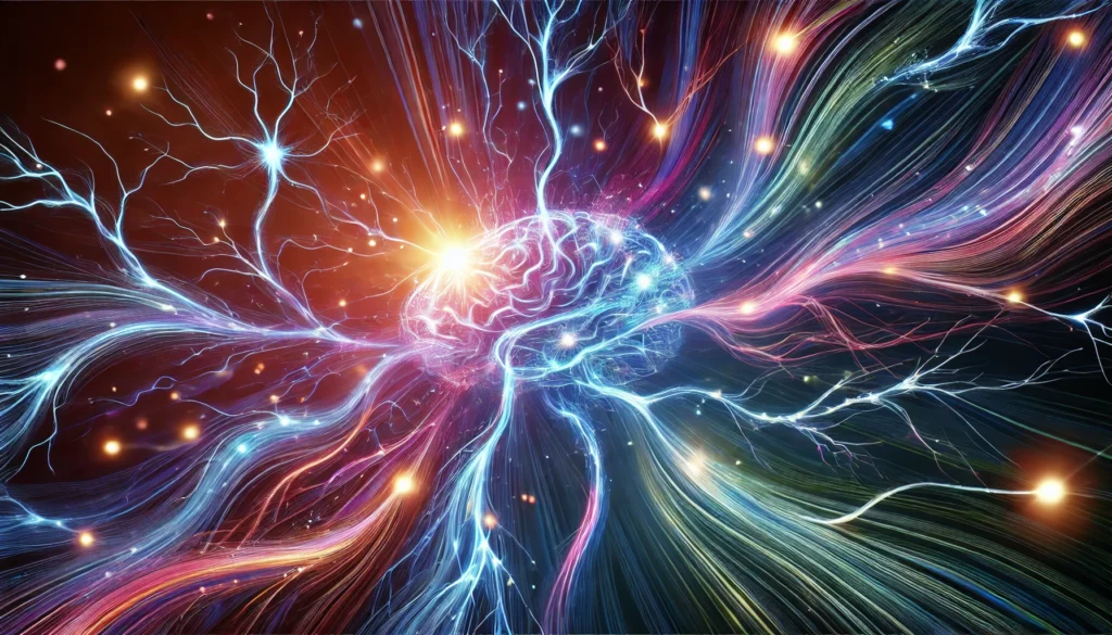 A vibrant illustration of neurons firing with electric pulses, representing improved cognitive performance, mental clarity, and neuroplasticity.