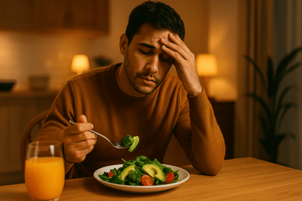A tired man sits in a warmly lit kitchen, gently pressing his forehead while holding a forkful of greens above a plate of vegetables and avocado. This image highlights fatigue-fighting foods like leafy greens and orange juice, promoting natural wakefulness and sustained focus.