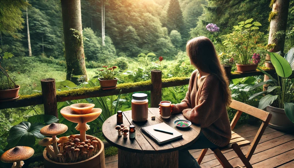 A tranquil outdoor scene where a woman enjoys a warm mushroom-infused drink on a wooden deck, surrounded by lush greenery. A notebook sits beside her, symbolizing enhanced cognitive function, deep thinking, and creativity.