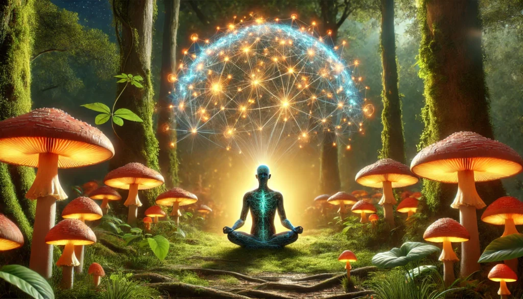 A futuristic meditation scene in a serene forest, surrounded by glowing medicinal mushrooms with luminous neural connections forming in the air, symbolizing focus, mental clarity, and cognitive harmony.