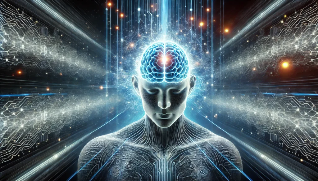 A visually immersive representation of cognitive enhancement, depicting a human figure with an illuminated brain radiating energy waves, surrounded by a digital matrix symbolizing the integration of neurotechnology and human intelligence.
