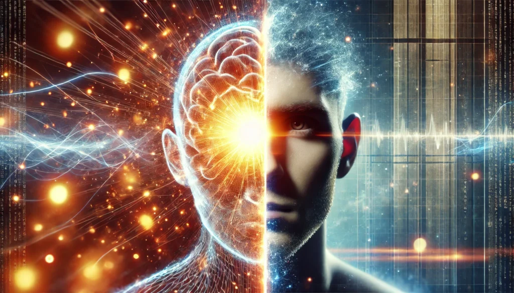 A split-image representation of cognitive enhancement side effects, depicting heightened mental clarity on one side and mental fatigue on the other.