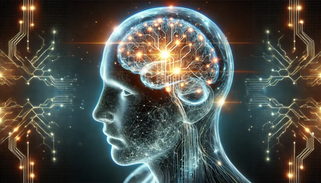 A transparent human skull revealing an illuminated brain with active neural circuits, representing nootropic-induced cognitive improvements.