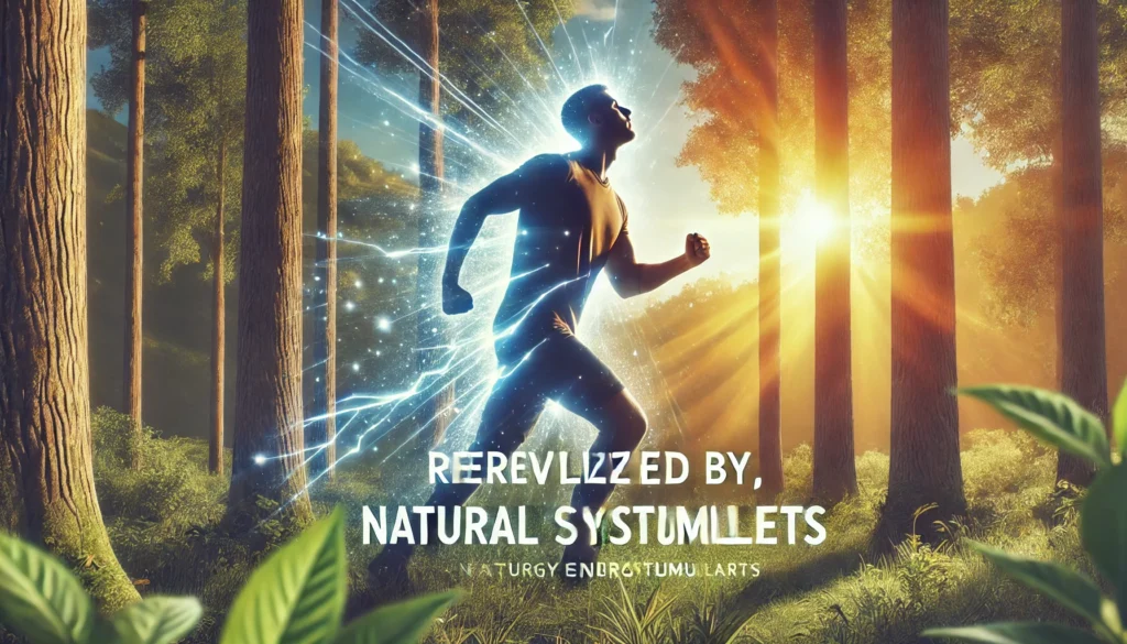 A dynamic and energetic scene of a person outdoors, feeling revitalized and mentally sharp after consuming natural stimulants, set in a sunlit forest with lush greenery, symbolizing an active lifestyle powered by healthy energy boosters.