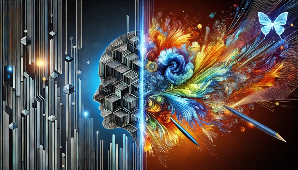 A visually engaging image portraying two cognitive styles—one side featuring geometric, structured blue-lit patterns (symbolizing Adderall’s focus enhancement), and the other side filled with vibrant, organic, free-flowing shapes (symbolizing Vyvamind’s creative inspiration).