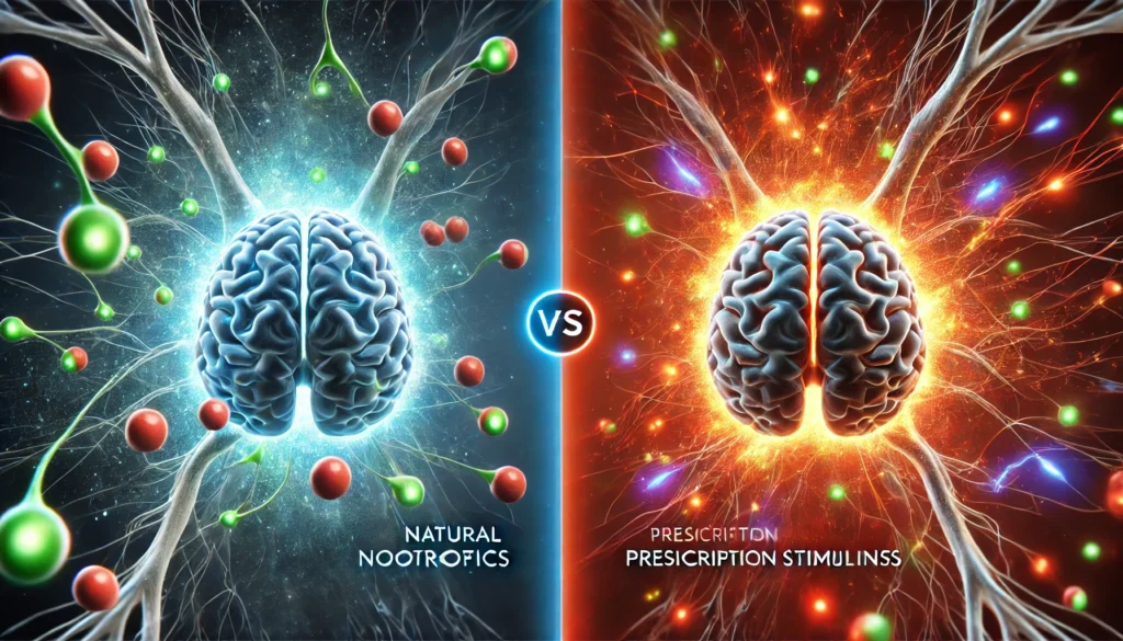 A futuristic depiction of neural activity, showing smooth, balanced blue and green neural pathways for Thesis Nootropics and intense red and orange electric sparks for Adderall, highlighting different cognitive enhancement effects.