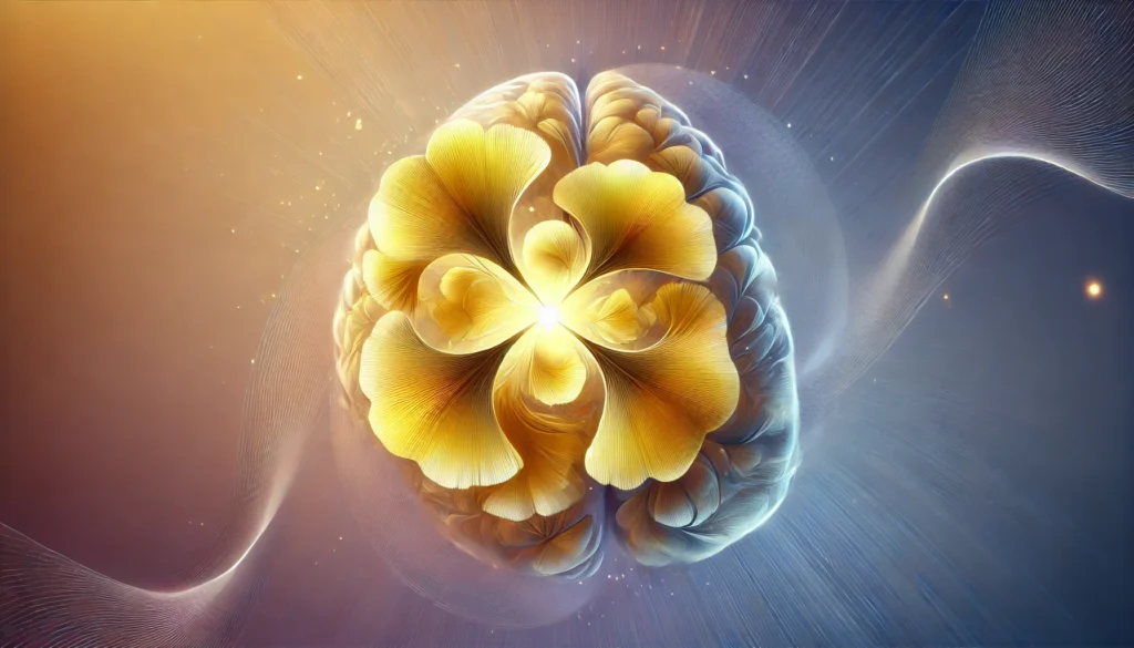 ALT Text: Abstract depiction of a brain formed by swirling Ginkgo Biloba leaves radiating light, set against a creative gradient background symbolizing mental focus and creative energy.