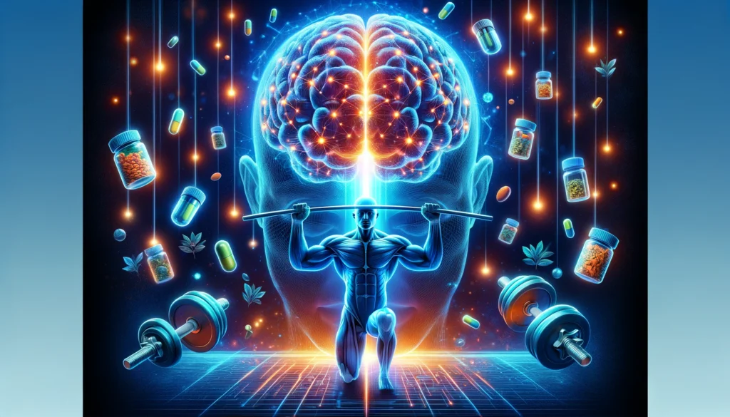 A visually engaging depiction of nootropics and weight loss, showing a glowing brain with neural connections, floating herbal supplements, and a muscular figure lifting weights.