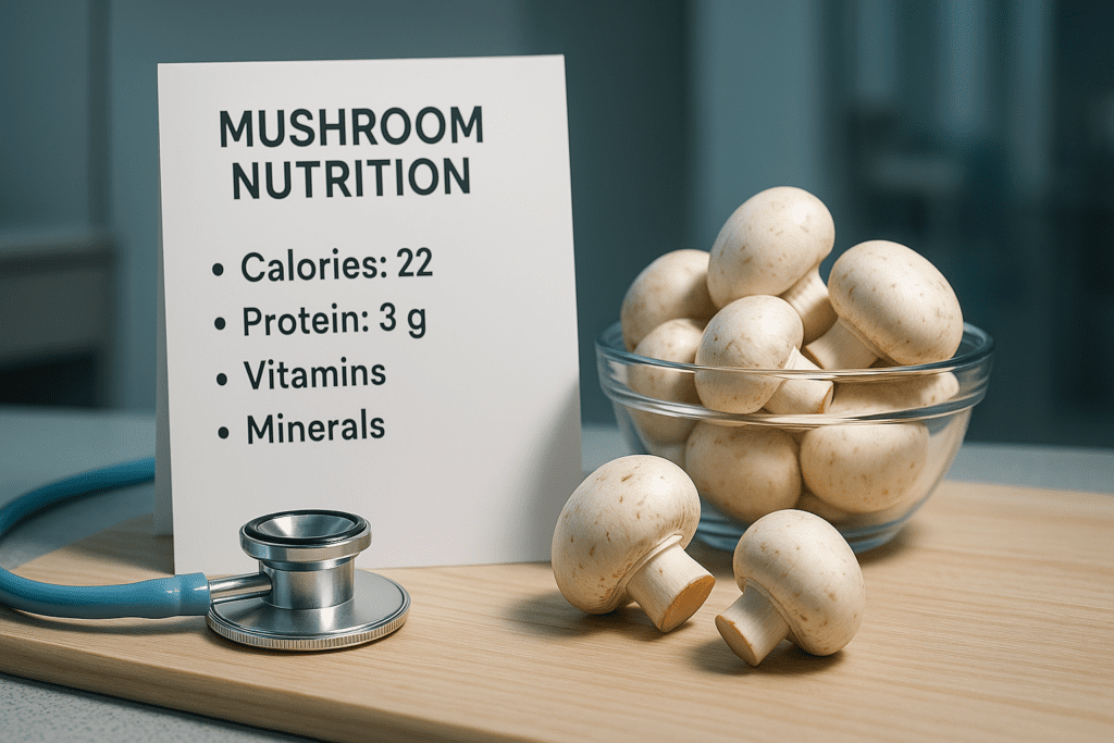 A clean laboratory surface displays fresh white mushrooms beside a stethoscope and a nutrition chart highlighting mushroom calories, protein, and vitamins, captured in cool, clinical lighting. This scientific setup visually reinforces the evidence-based health benefits of mushrooms in a medical context.