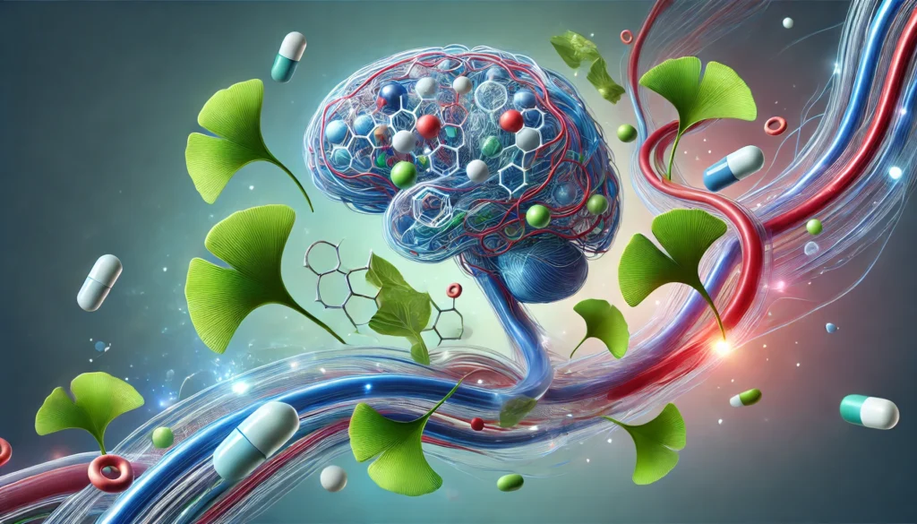 Aspirin molecules and Ginkgo Biloba leaves flowing through stylized blood vessels toward the brain, depicting improved circulation and mental clarity.