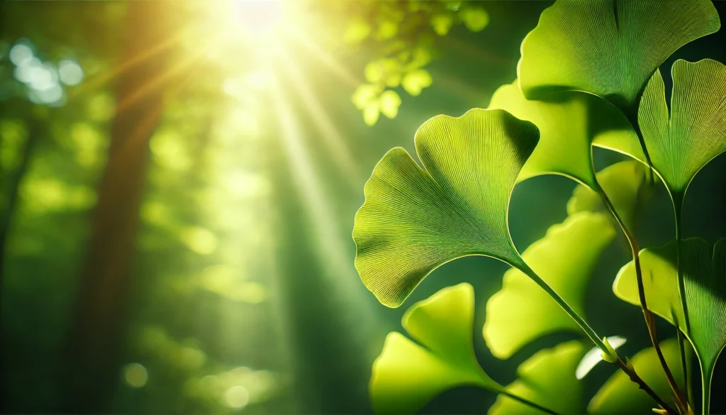 "Close-up of vibrant green Ginkgo Biloba leaves in a sunlit forest, showcasing the plant's distinct fan-shaped foliage."