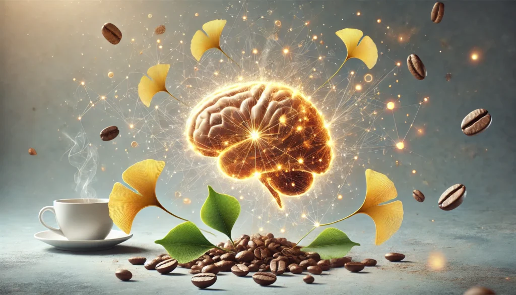 Artistic rendering of a glowing brain with golden neural pathways, encircled by coffee beans and Ginkgo Biloba leaves, representing enhanced cognition and focus from natural stimulants.