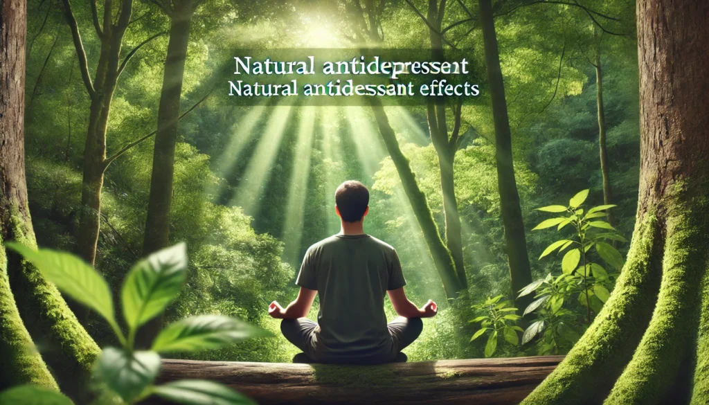 A serene individual meditating in a lush green forest with sunlight filtering through trees, reflecting mindfulness, natural antidepressant effects, and focus.