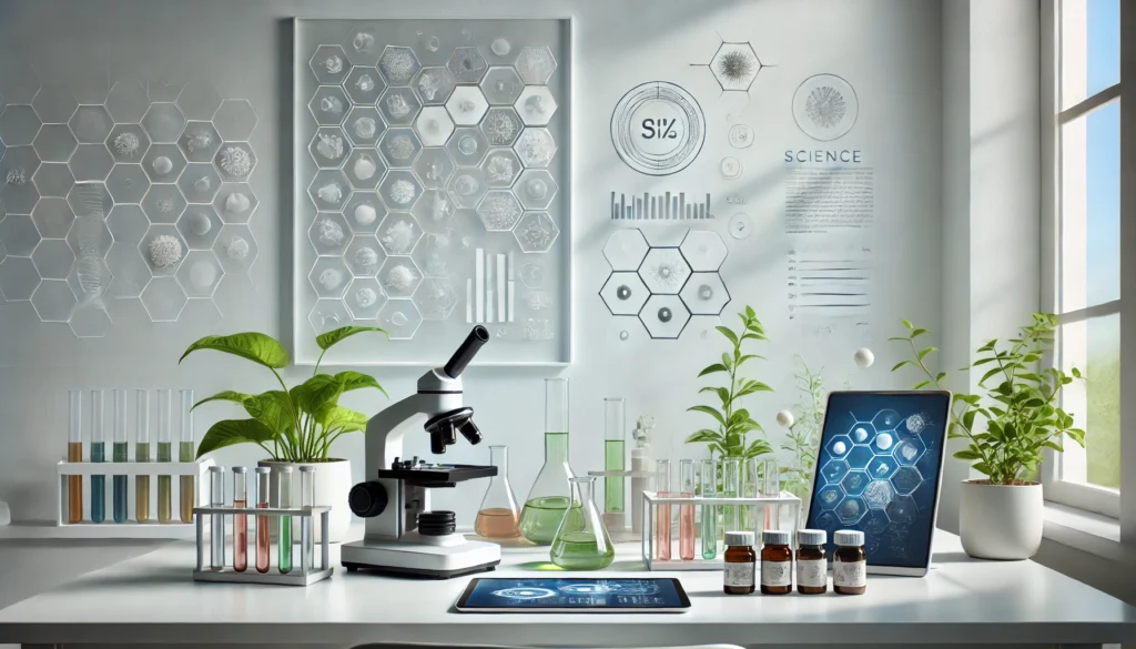Minimalist laboratory setup with natural nootropic compounds, digital tablets, and scientific equipment, visually blending science-backed validation and natural clarity.