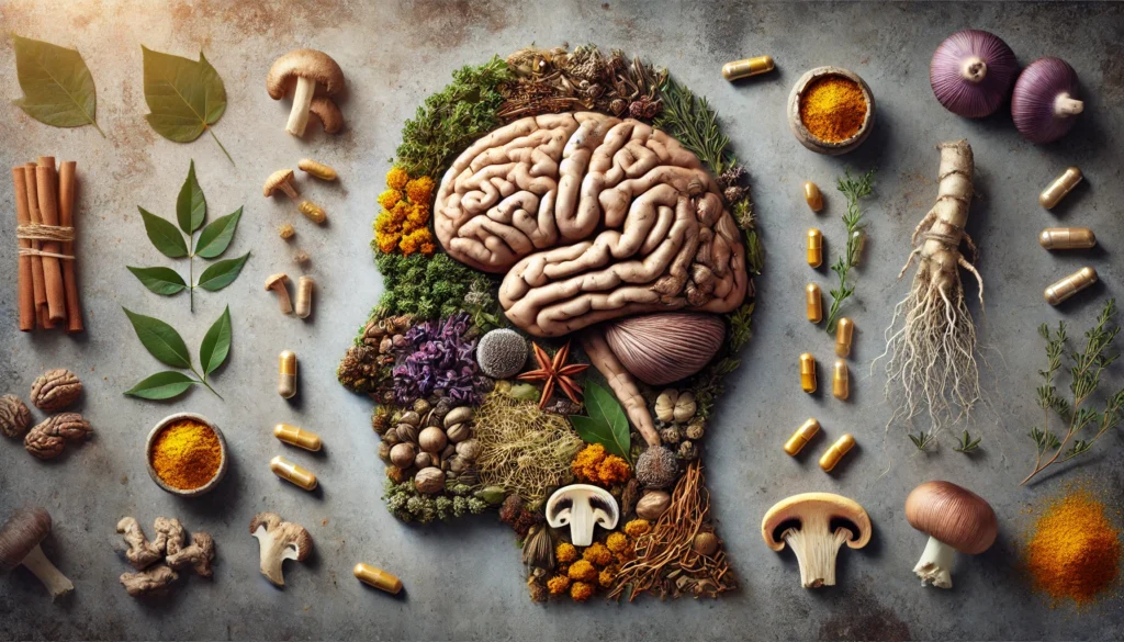 Conceptual image of a human brain shape creatively formed with natural nootropic elements like Ginkgo leaves, turmeric root, and Lion’s Mane mushrooms on an earthy background.