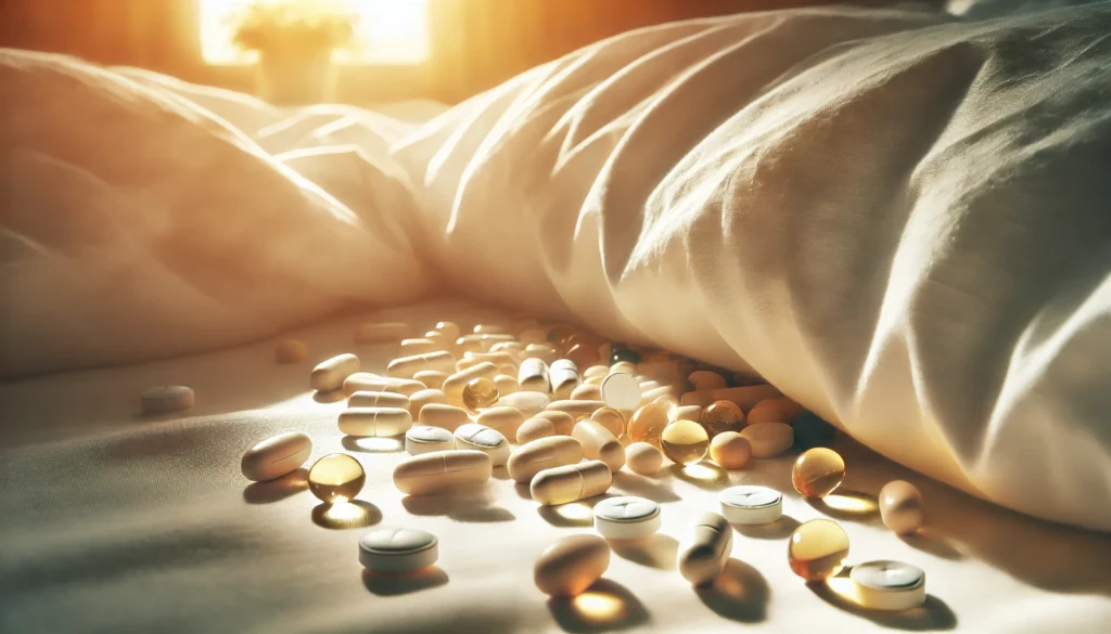 Close-up of assorted vitamin capsules and softgels scattered on a white bed sheet in soft sunlight, evoking a calm yet tired mood linked to supplement use