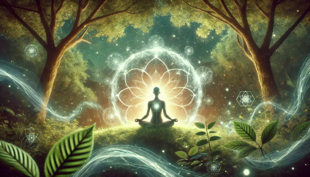 Person meditating in a tranquil, green natural setting with subtle glowing energy, representing creative thinking and mindfulness supported by plant-based supplements.