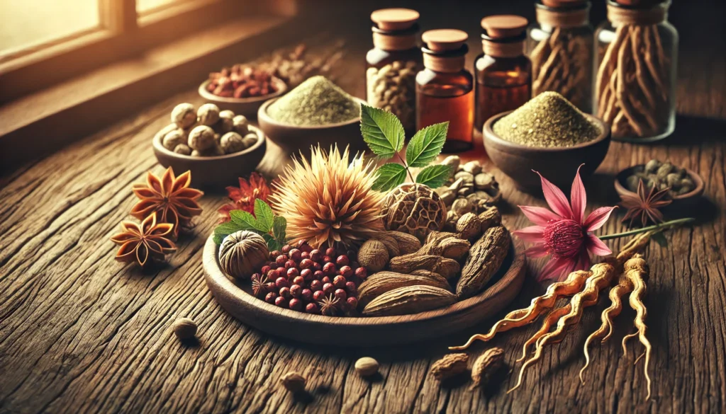 A close-up of adaptogenic herbs like ashwagandha and rhodiola arranged on a rustic wooden table, representing natural nootropic solutions for stress and anxiety.