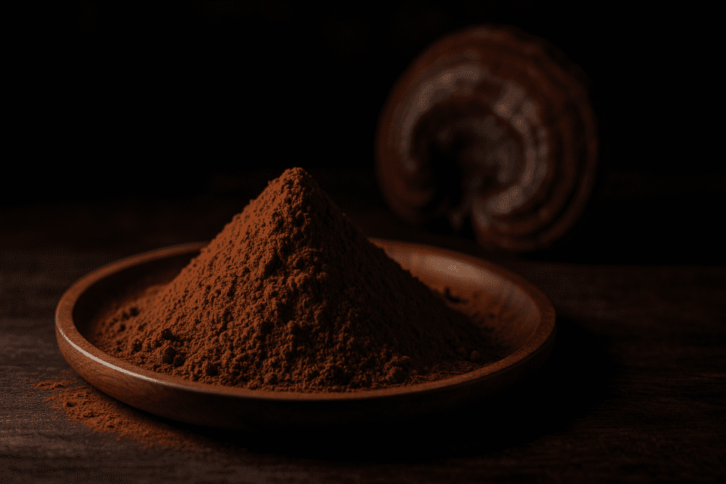 A dramatic nighttime scene features a glass jar labeled "Reishi Mushroom Powder" next to a vintage alarm clock on a wooden bedside table, with a small mound of powder in the foreground. The cool clinical lighting and deep shadows evoke a calming, sleep-oriented atmosphere, emphasizing the theme of reishi mushroom dosage for nighttime wellness and cognitive support.