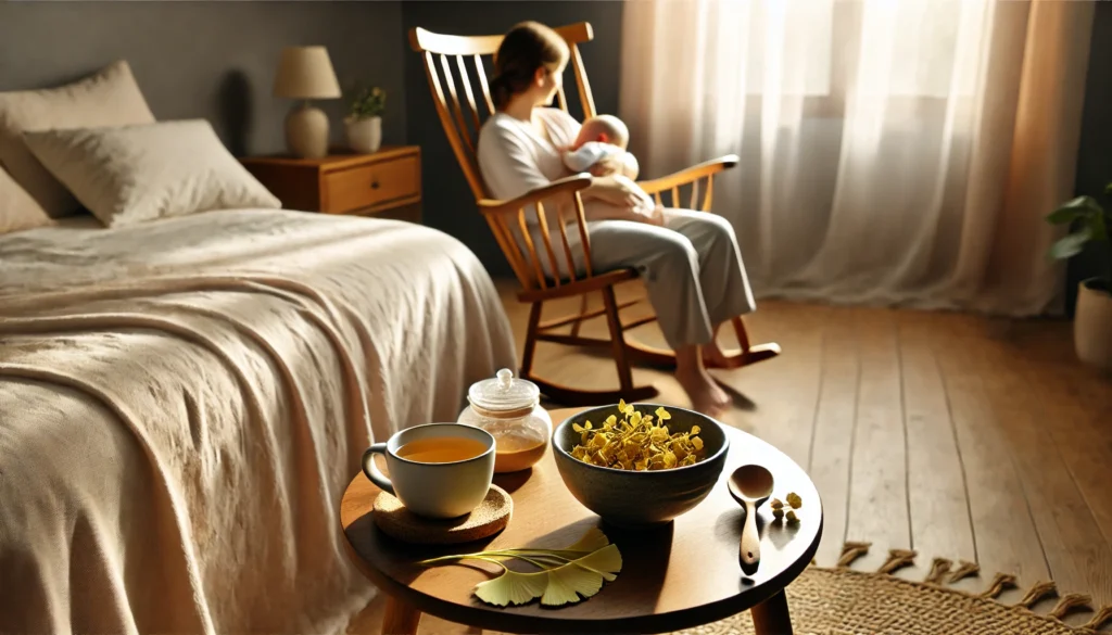 A serene bedroom scene with a breastfeeding mother in a rocking chair beside a table with Ginkgo biloba leaves and tea, reflecting peaceful postpartum care.