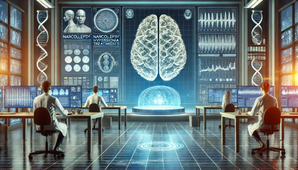 High-tech laboratory where scientists examine digital brain scans and neural activity data, symbolizing advanced research into narcolepsy and hypersomnia treatment options.
