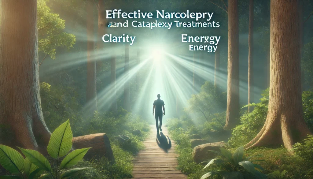 Morning forest path with a person walking calmly and alert, symbolizing natural wakefulness and emotional stability supported by narcolepsy medication.