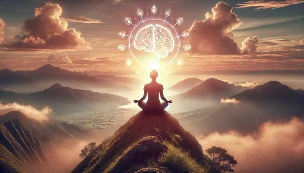 A serene figure meditating on a mountain at dawn, visually expressing inner calm, mental clarity, and natural support from nootropics for cognitive control.
