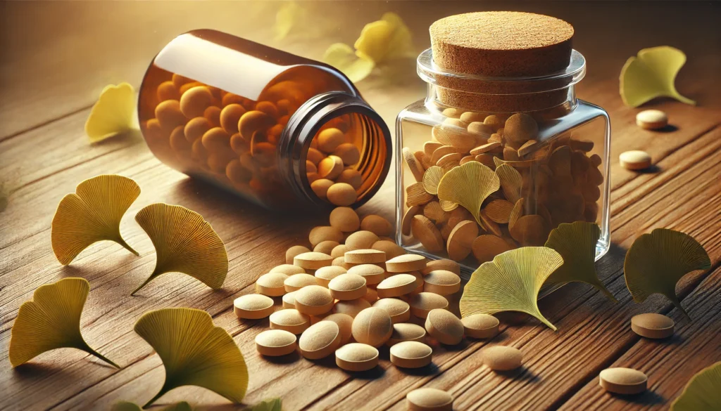 A human hand gently holding a green Ginkgo biloba leaf and red pills against a blurred medical background, visually expressing the balance and caution needed with herbal and blood thinner combinations.