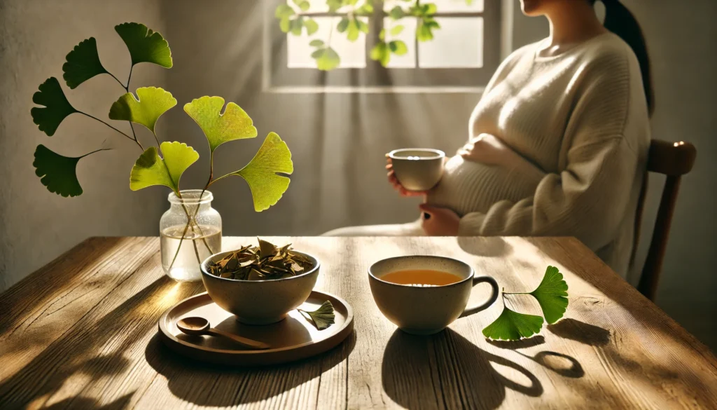 Tranquil indoor scene with a pregnant woman and ginkgo biloba tea, emphasizing careful consideration of natural supplements during pregnancy.