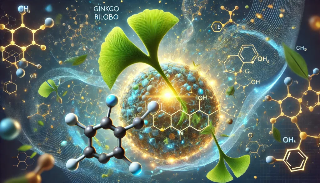 Artistic molecular interaction between ginkgo biloba compounds and hormone receptors, representing scientific influence on testosterone health.