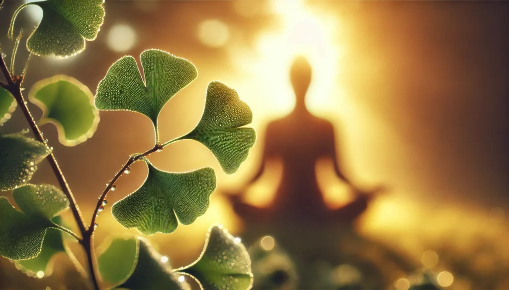 Close-up of dewy ginkgo biloba leaves glowing in warm sunlight, with a faint silhouette of a woman meditating in the background, symbolizing inner harmony, feminine energy, and natural sexual wellness.