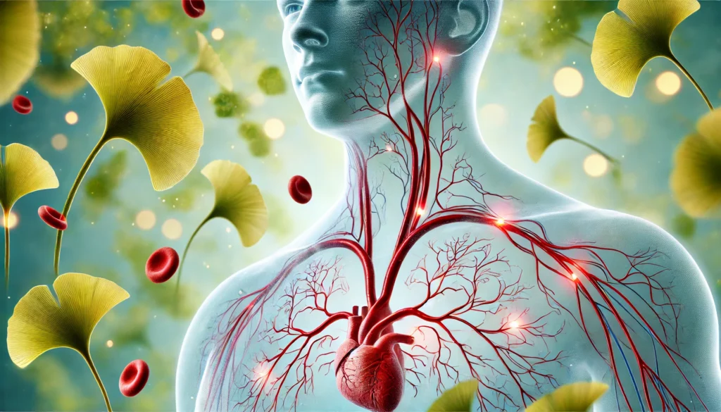 Translucent human circulatory system with red-highlighted vessels and subtle ginkgo biloba leaves in the background, symbolizing blood interaction.