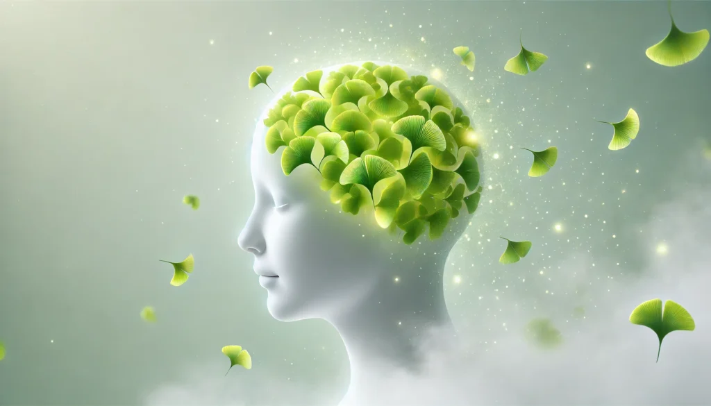 Abstract glowing green brain formed from Ginkgo biloba leaves in a soft, foggy atmosphere, representing lifting brain fog and enhancing cognitive clarity.